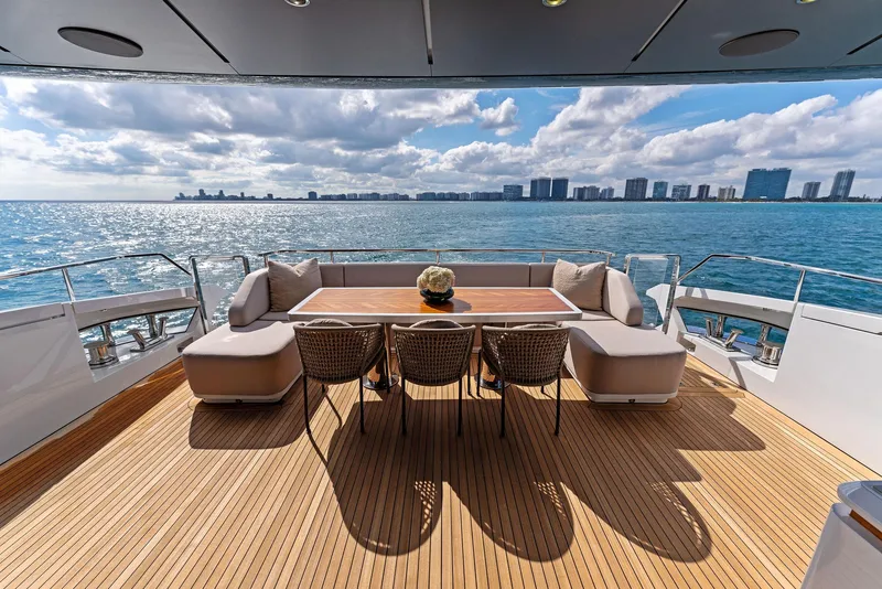 Slide: The Image of Luxury deck of 2020 Mangusta 109 yacht with ocean view and city skyline. - 16