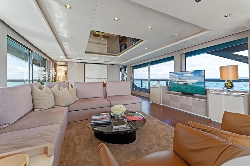 Slide: The Image of Luxurious interior of 2020 Mangusta 109 yacht with modern furnishings and ocean view. - 29