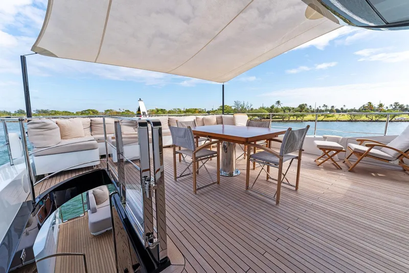 Slide: The Image of Luxurious deck of 2020 Mangusta 109 yacht with seating and dining area. - 7