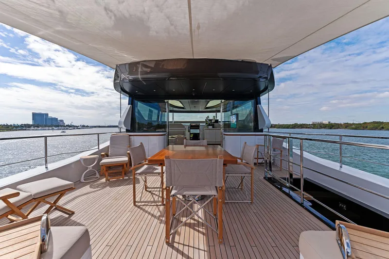 Slide: The Image of Luxury deck of 2020 Mangusta 109 yacht with seating and dining area. - 8