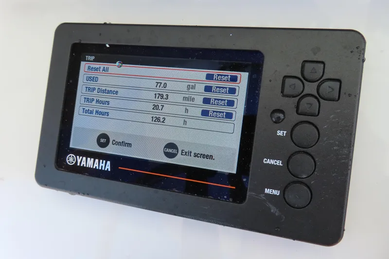 Slide: The Image of Yamaha display showing trip data for 2020 Sea Hunt Ultra 255 SE boat. - 25