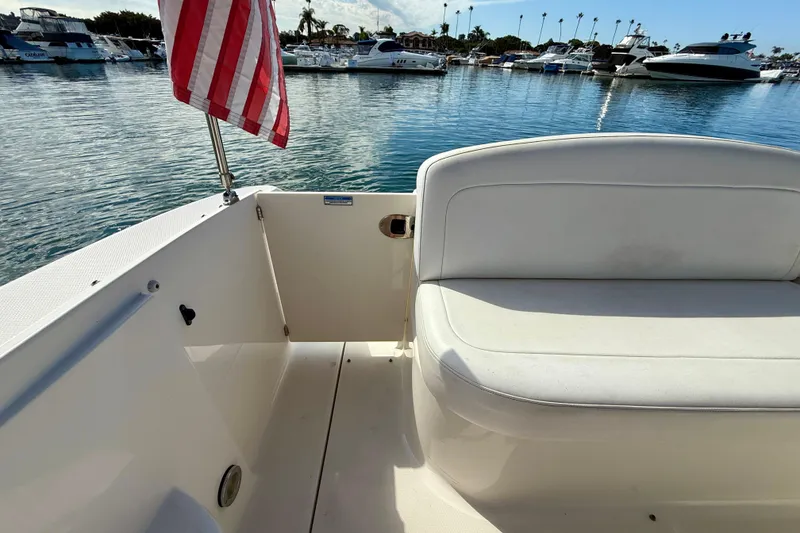 Slide: The Image of 2006 Sea Ray 290 Sundancer boat interior with American flag, docked in marina. - 38