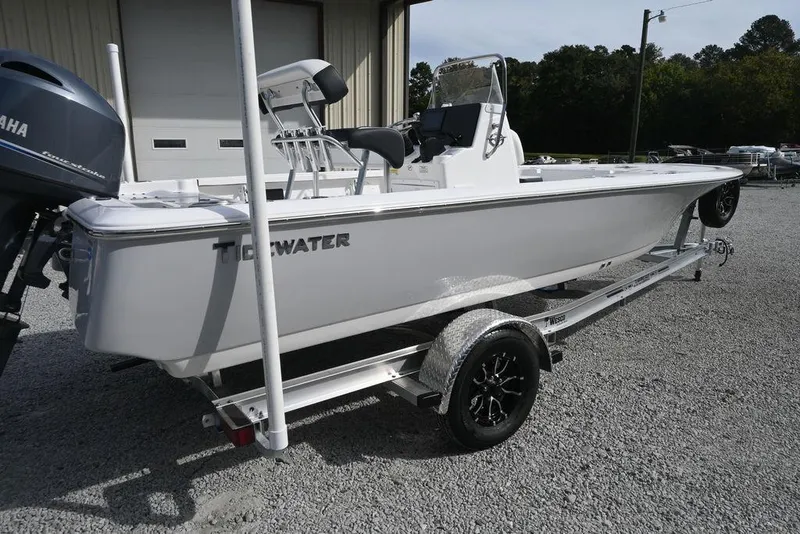 Slide: The Image of 2026 Tidewater 1910 Bay Max boat on trailer, featuring Yamaha outboard motor. - 3
