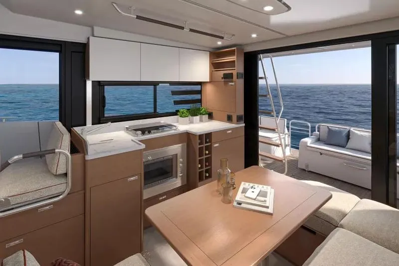 Slide: The Image of Luxurious interior of 2026 Beneteau Swift Trawler 37 with ocean view and modern amenities. - 17