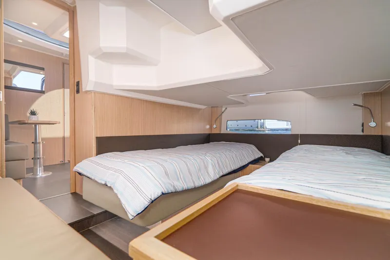 Slide: The Image of Interior of 2024 Bavaria SR38 yacht with twin beds and modern design. - 43