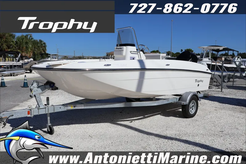 The Image of 2026 Trophy T18 Bay boat on trailer at Antonietti Marine dealership. - 1