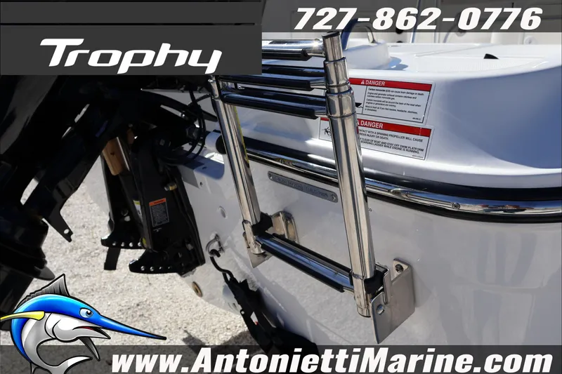 Slide: The Image of 2026 Trophy T18 Bay boat ladder and engine details, Antonietti Marine branding. - 10