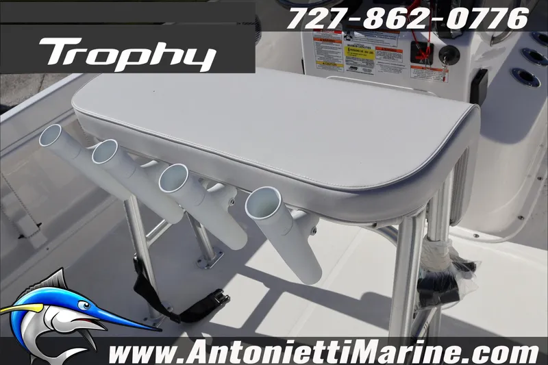 Slide: The Image of 2026 Trophy T18 Bay boat seat with rod holders, Antonietti Marine branding. - 13