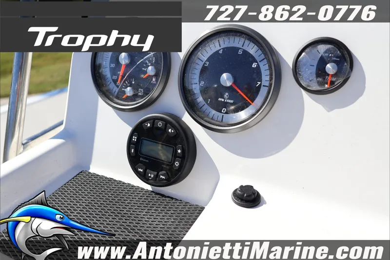 Slide: The Image of Dashboard of 2026 Trophy T18 Bay boat with gauges and controls. - 14