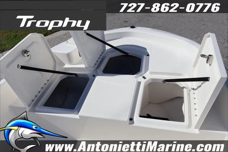 Slide: The Image of Trophy T18 Bay boat storage compartments, Antonietti Marine contact details, 2026 model. - 20