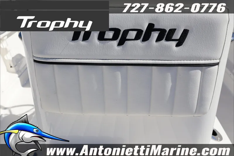 Slide: The Image of 2026 Trophy T18 Bay boat seat with logo, contact info, and website. - 22