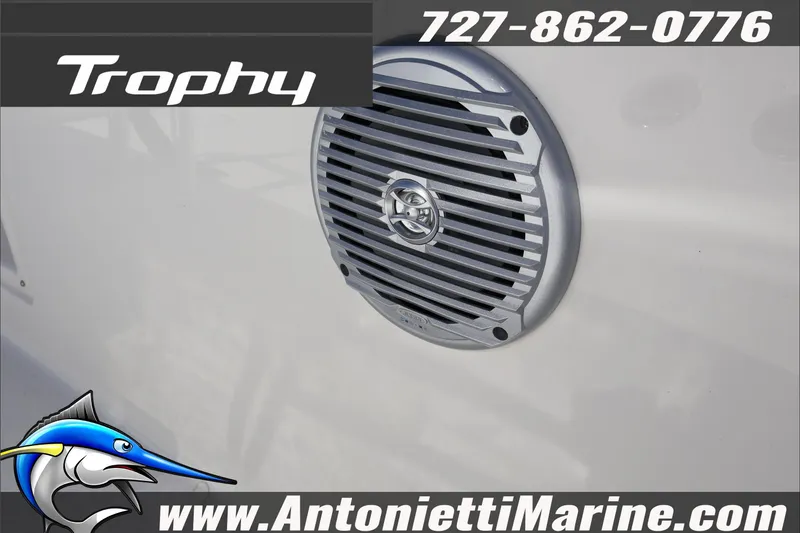 Slide: The Image of Trophy T18 Bay 2026 boat speaker with contact details and logo. - 24
