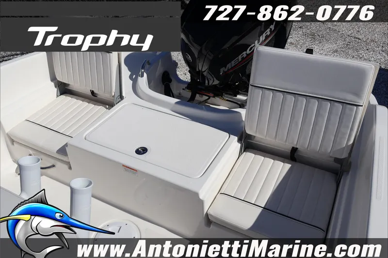 Slide: The Image of 2026 Trophy T18 Bay boat interior with seating and Mercury engine, Antonietti Marine branding. - 27