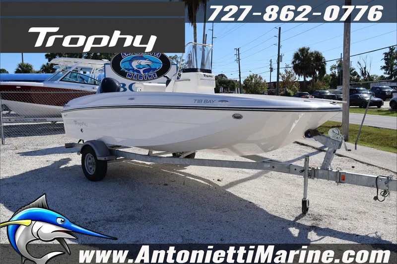 Slide: The Image of Trophy T18 Bay boat on trailer at Antonietti Marine dealership, 2026 model. - 6