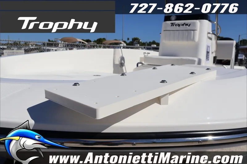 Slide: The Image of 2026 Trophy T18 Bay boat deck with logo and contact details, Antonietti Marine. - 8