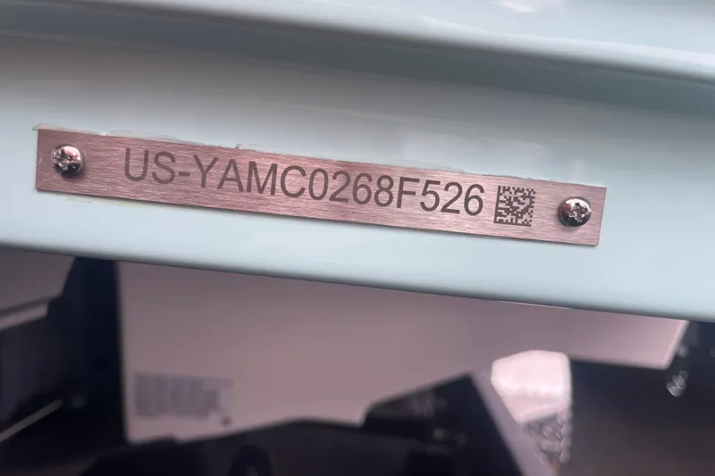 Slide: The Image of 2026 Yamaha Boats 222S identification plate with serial number and QR code. - 19
