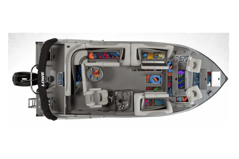 Slide: The Image of 2021 Lowe Sport Deck 224 boat storage compartment with open hatch and visible wiring. - 26