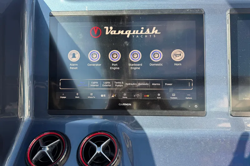 Slide: The Image of Touchscreen control panel of a 2022 Vanquish VQ45 yacht with various system options. - 10