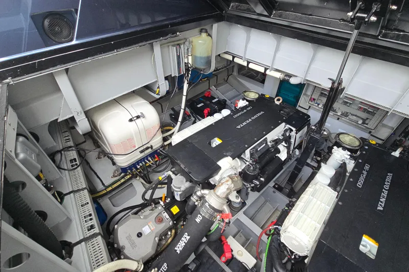 Slide: The Image of Engine room of 2022 Vanquish VQ45 yacht, featuring Volvo Penta engines and advanced mechanical systems. - 11