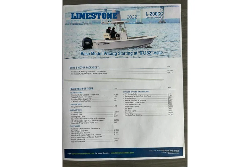 Slide: The Image of 2022 Limestone L200CC boat brochure with pricing and features listed. - 12