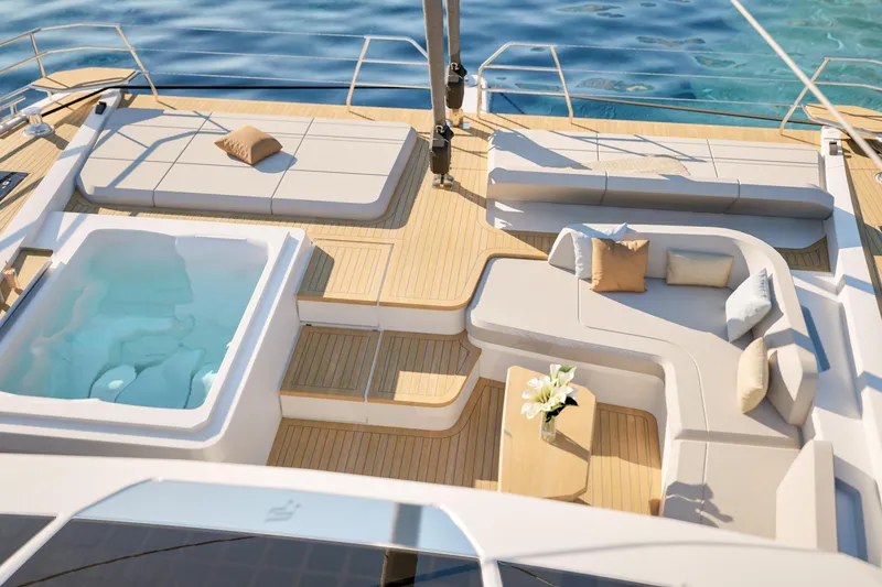 Slide: The Image of Luxurious deck of 2027 Fountaine Pajot 70 S yacht with jacuzzi and seating area. - 17