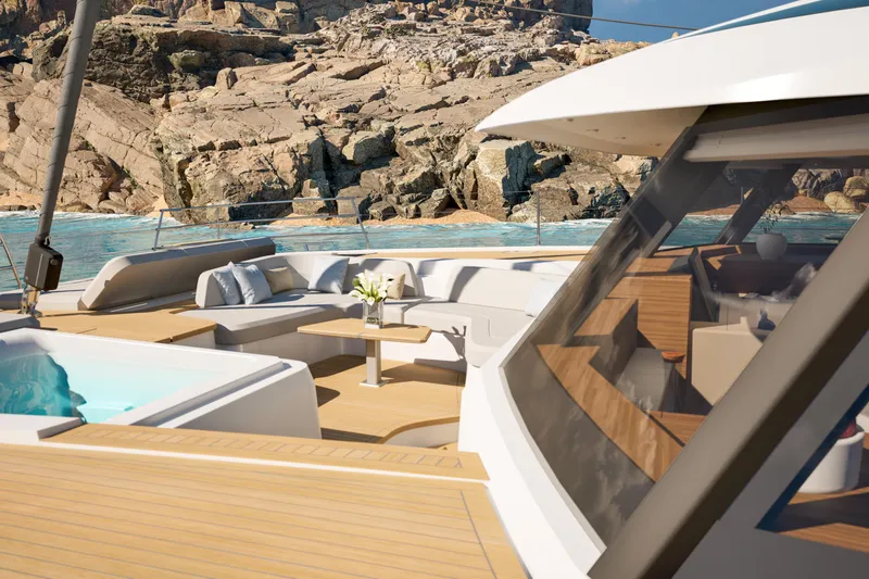 Slide: The Image of Luxurious 2027 Fountaine Pajot 70 S yacht with elegant deck and scenic ocean view. - 19