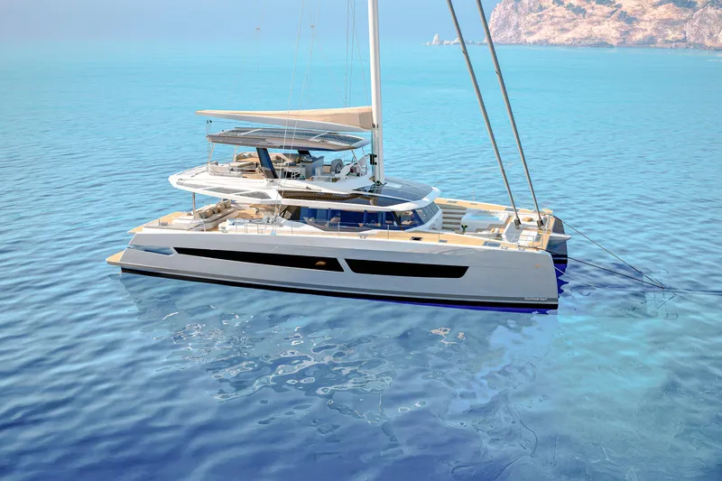 Slide: The Image of Luxurious 2027 Fountaine Pajot 70 S catamaran sailing in clear blue waters. - 2