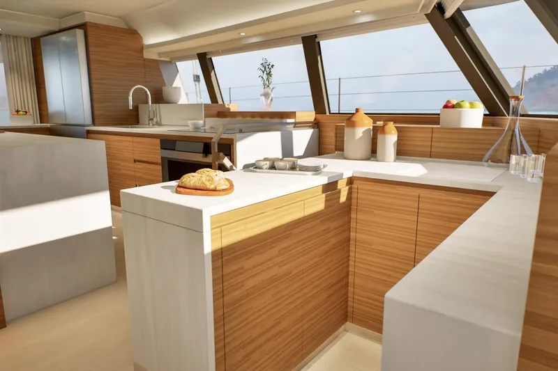Slide: The Image of Luxurious kitchen interior of 2027 Fountaine Pajot 70 S yacht with modern wood finishes. - 26