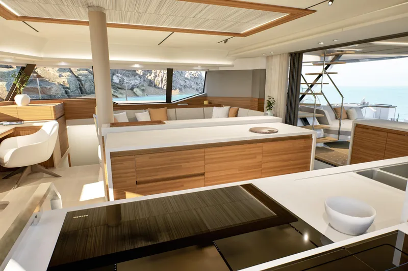 Slide: The Image of Luxurious interior of 2027 Fountaine Pajot 70 S yacht with modern design and ocean view. - 30