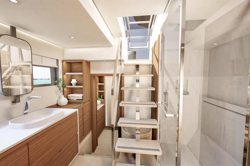 Slide: The Image of Luxurious interior of 2027 Fountaine Pajot 70 S yacht with modern bathroom and staircase. - 39