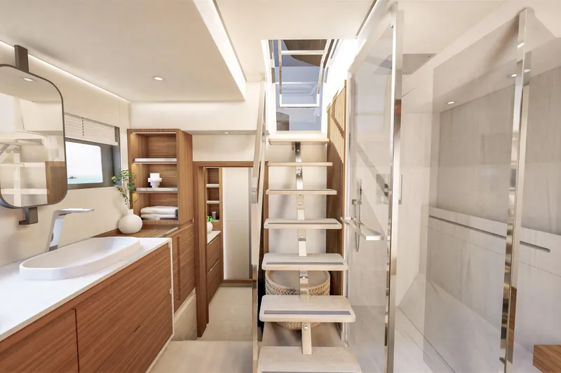 Slide: The Image of Luxurious interior of 2027 Fountaine Pajot 70 S yacht with modern wooden cabinetry. - 40