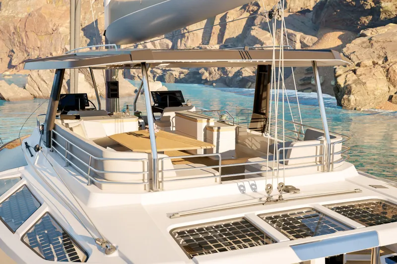 Slide: The Image of 2027 Fountaine Pajot 70 S luxury yacht with spacious deck and modern design. - 11