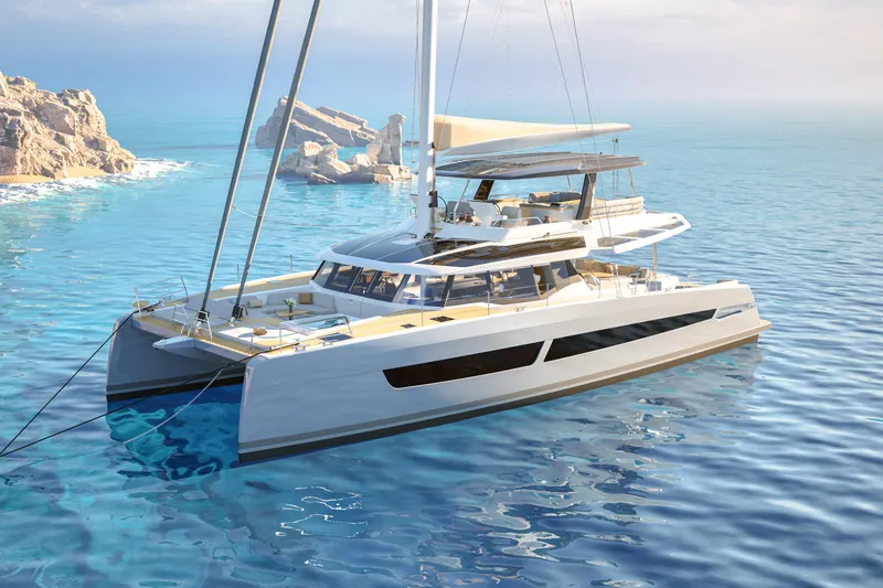 Slide: The Image of Luxurious 2027 Fountaine Pajot 70 S yacht in serene coastal waters. - 2