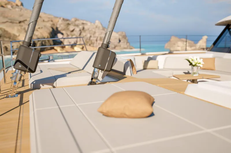 Slide: The Image of Luxurious deck of 2027 Fountaine Pajot 70 S yacht with cushions and sea view. - 20