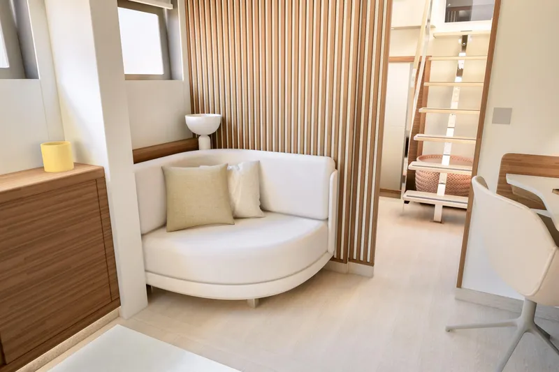 Slide: The Image of Luxurious interior of 2027 Fountaine Pajot 70 S yacht with modern seating and decor. - 37