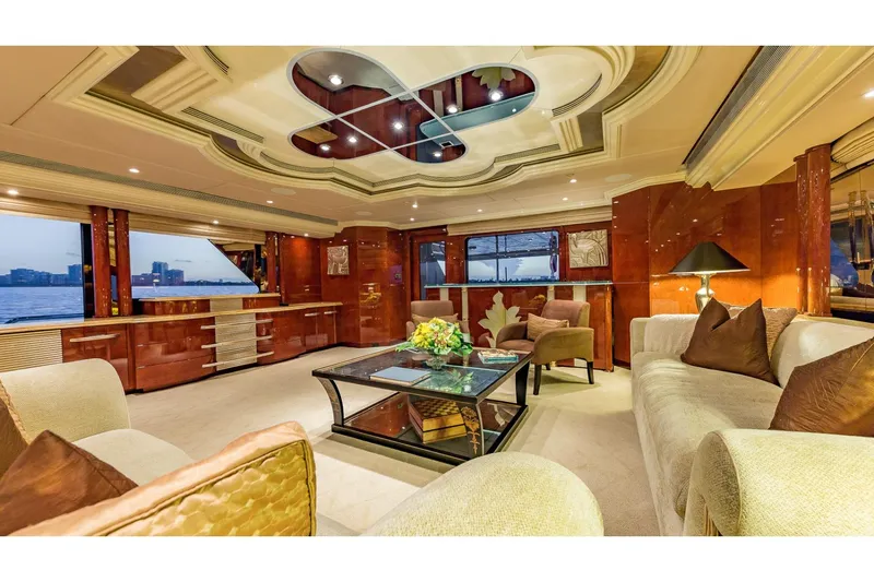 Slide: The Image of Luxurious interior of 2002 Christensen Tri Deck yacht with elegant furnishings and panoramic windows. - 19