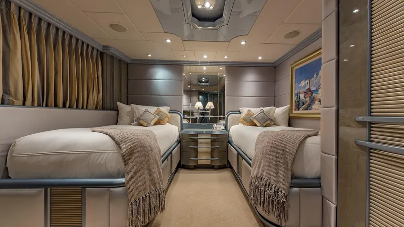 Slide: The Image of Luxurious twin bedroom on 2002 Christensen Tri Deck yacht with elegant decor and cozy bedding. - 43
