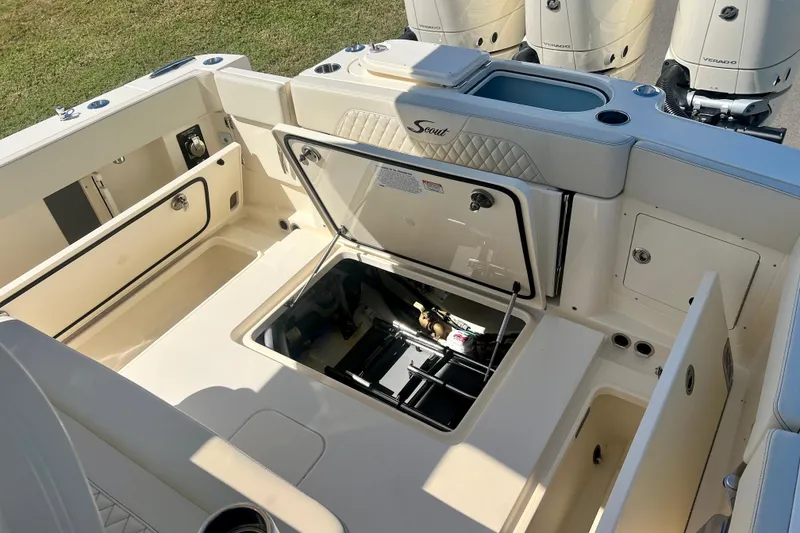 Slide: The Image of 2025 Scout 357 LXF boat with Garmin audio system and speaker detail. - 24