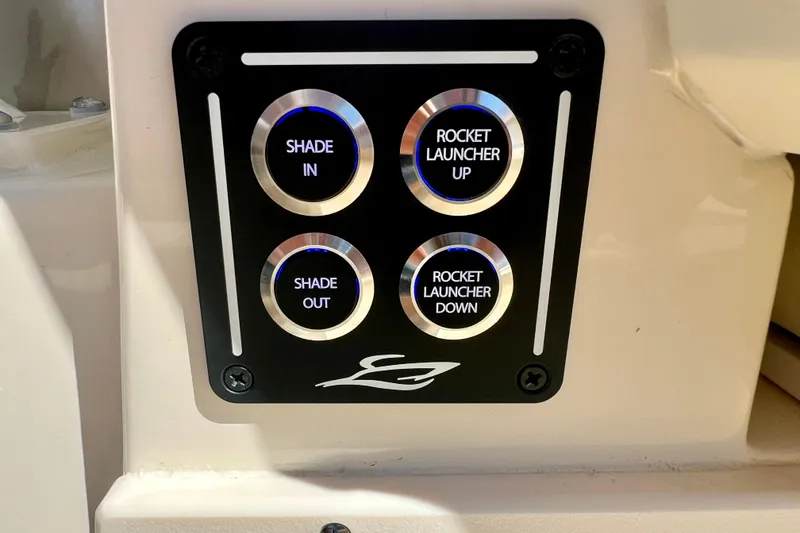 Slide: The Image of Interior of 2026 Scout 357 LXF boat with modern amenities and sleek design. - 34