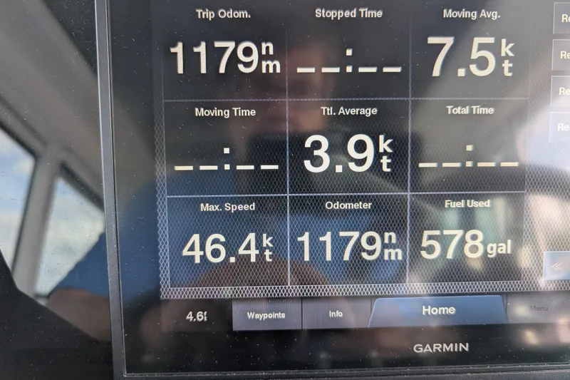 Slide: The Image of Garmin display showing Axopar 28 CABIN 2019 trip data: 1179 nm, 46.4 kt max speed. - 30