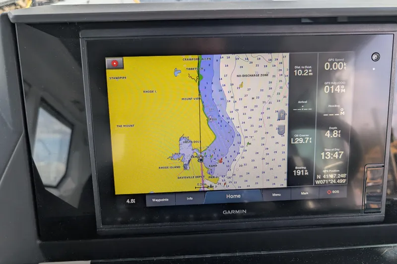 Slide: The Image of Garmin navigation display on 2019 Axopar 28 CABIN boat, showing map and GPS data. - 23