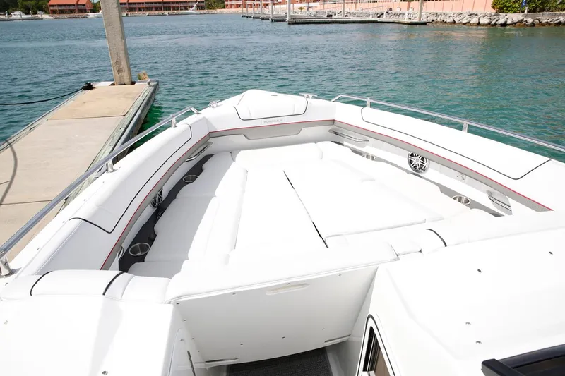 Slide: The Image of Manufacturer Provided Image: 2021 Formula 330 Crossover Bowrider I/O with spacious seating and table at the bow. - 15