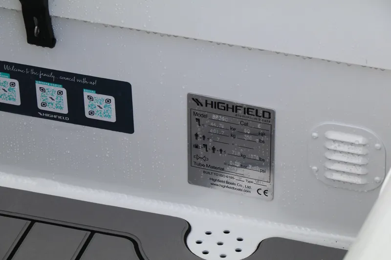 Slide: The Image of 2023 Highfield CL340 boat label with specifications and QR codes. - 14