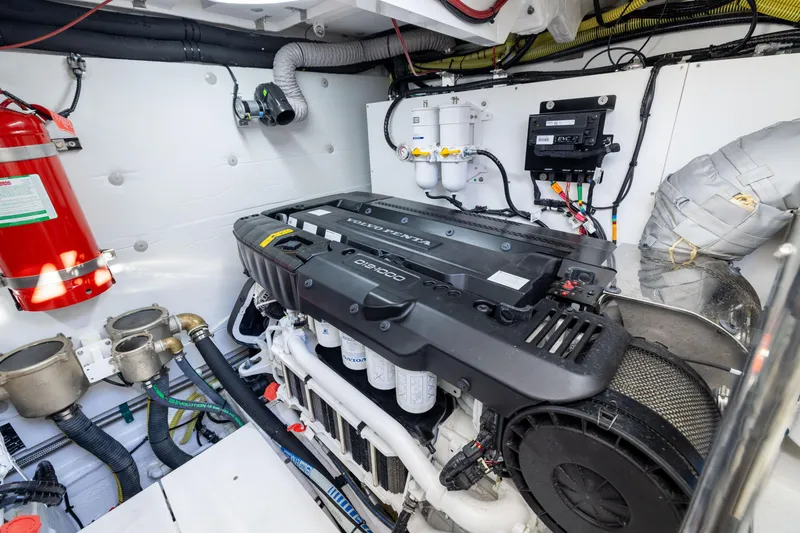 Slide: The Image of Engine room of 2025 Fairline Squadron 58 yacht, featuring Volvo Penta D13 engine. - 98