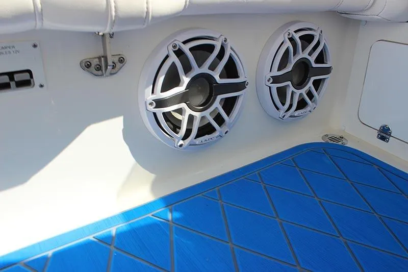 Slide: The Image of Speakers on a 2000 Fountain 32 Fever boat with blue flooring. - 43