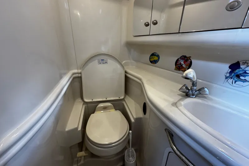 Slide: The Image of 2006 Sea Ray 340 Sundancer bathroom with toilet, sink, and decorative wall stickers. - 39