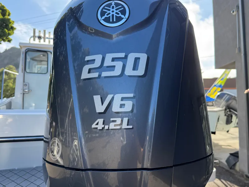 Slide: The Image of Yamaha 250 V6 4.2L outboard engine on 2025 Defiance Admiral 220 EX boat. - 19