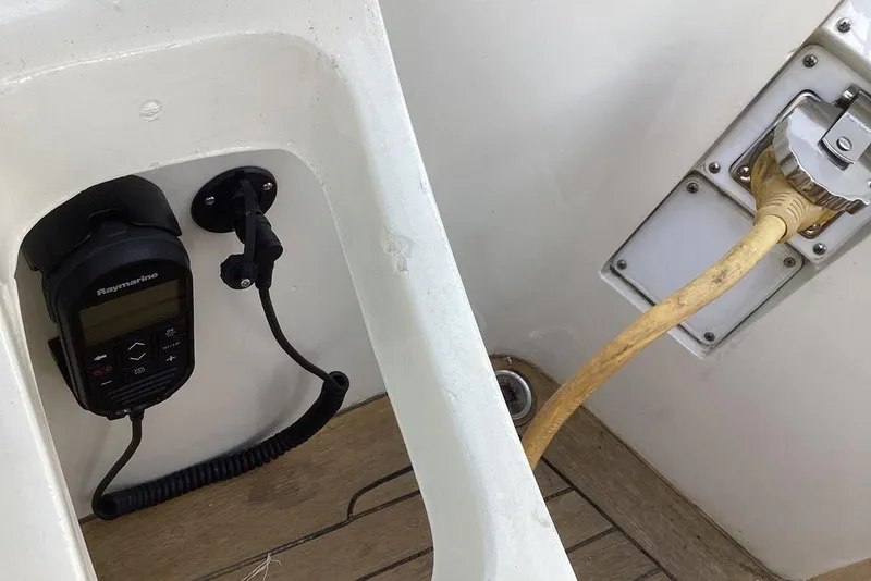 Slide: The Image of Boat cockpit with Raymarine device and power cable, F&C 44, 1980 model. - 20