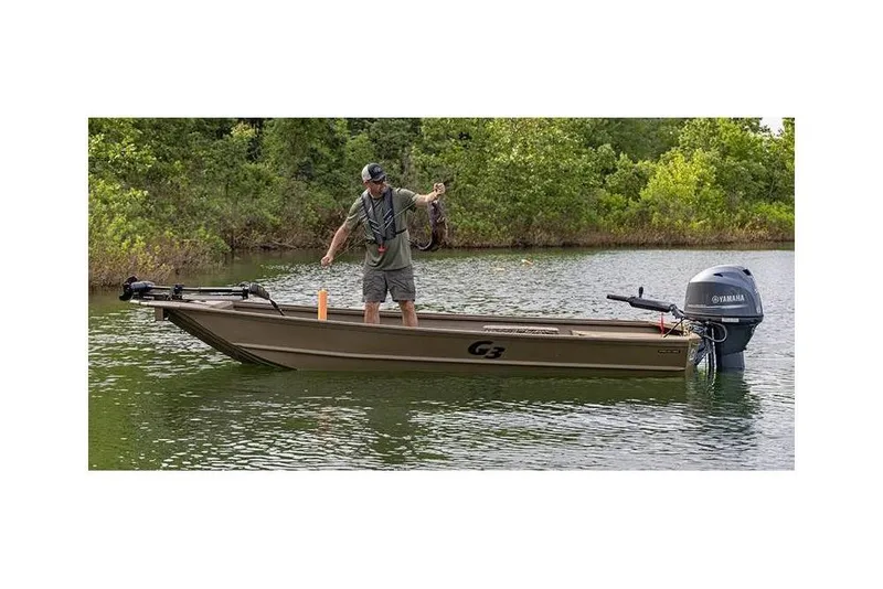 Slide: The Image of Man fishing on a 2026 G3 15FL boat with Yamaha motor in a scenic lake. - 10