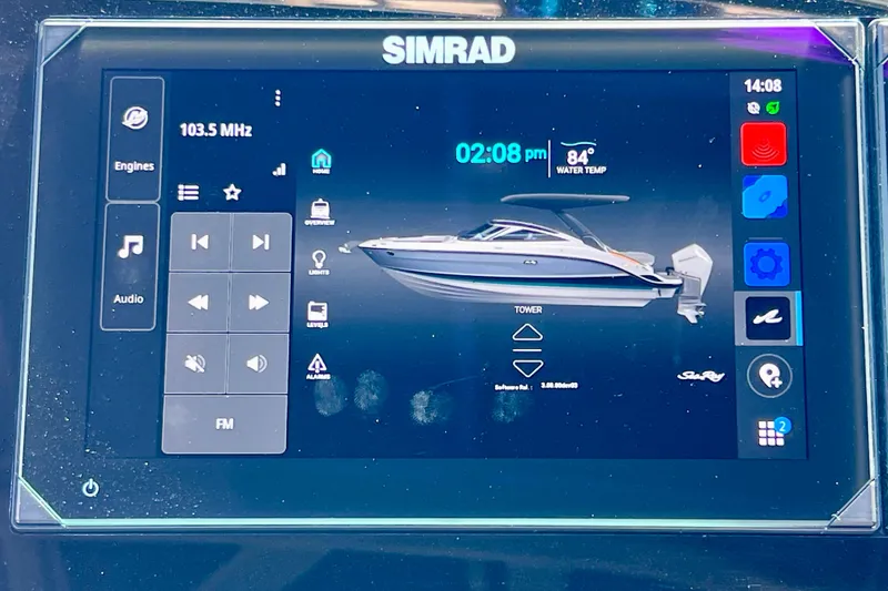 Slide: The Image of Simrad display showing 2024 Sea Ray SLX 260 Outboard boat controls and settings. - 46